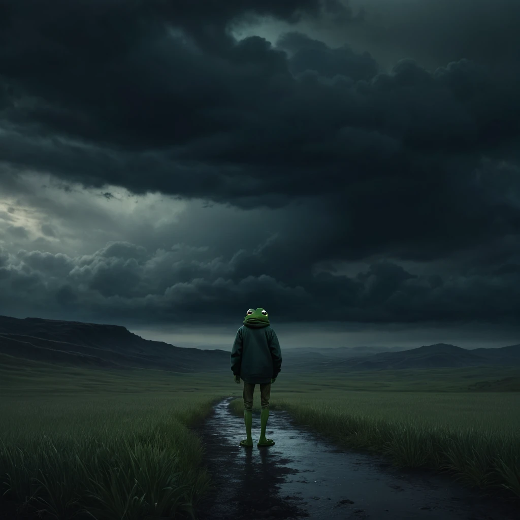 Pepe the frog A dark and desolate landscape, a lone boy standing amidst the gloom, (1 boy), dark and moody atmosphere, grim and ominous, brooding clouds, eerie lighting, muted colors, (((pepepals_frog))), highly detailed, cinematic, photorealistic, masterpiece, 8k, hyper-realistic