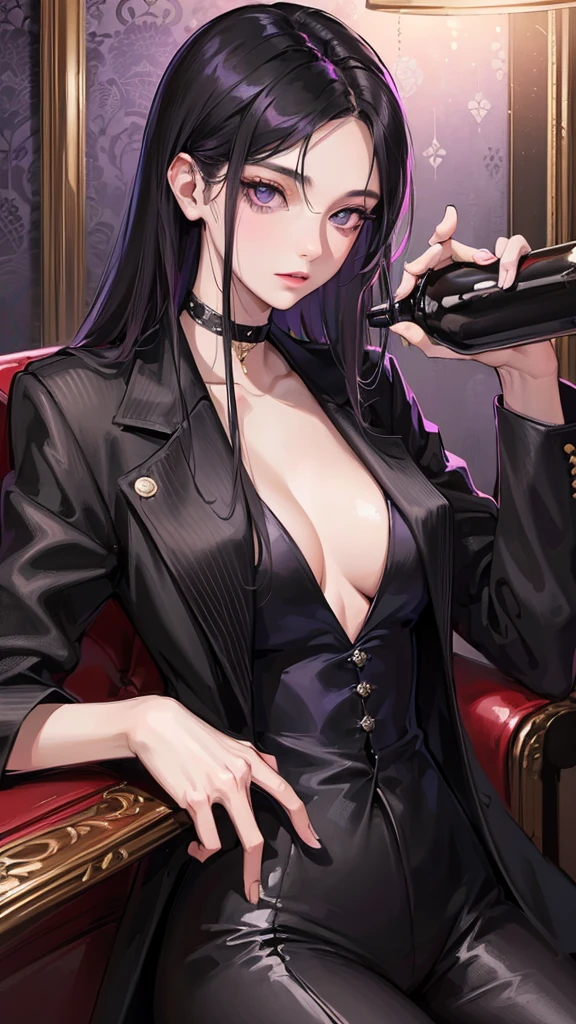 (Top resolution、Distinct_image)top-quality、female 、masterpiece、highly detailed、Semi-realistic、purple eyes 、18year old、young、cool clothing、Exquisite facial features、Facial features ,variations, potrait, a bar background, Black hair , long straight hairstyles, wear black suits, Mafia , yakuza, criminals , badass,