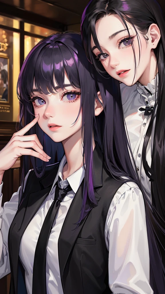 (Top resolution、Distinct_image)top-quality、female 、masterpiece、highly detailed、Semi-realistic、purple eyes 、18year old、young、cool clothing、Exquisite facial features、Facial features ,variations, potrait, a bar background, Black hair , long straight hairstyles, wear black suits, Mafia , yakuza, criminals , badass,