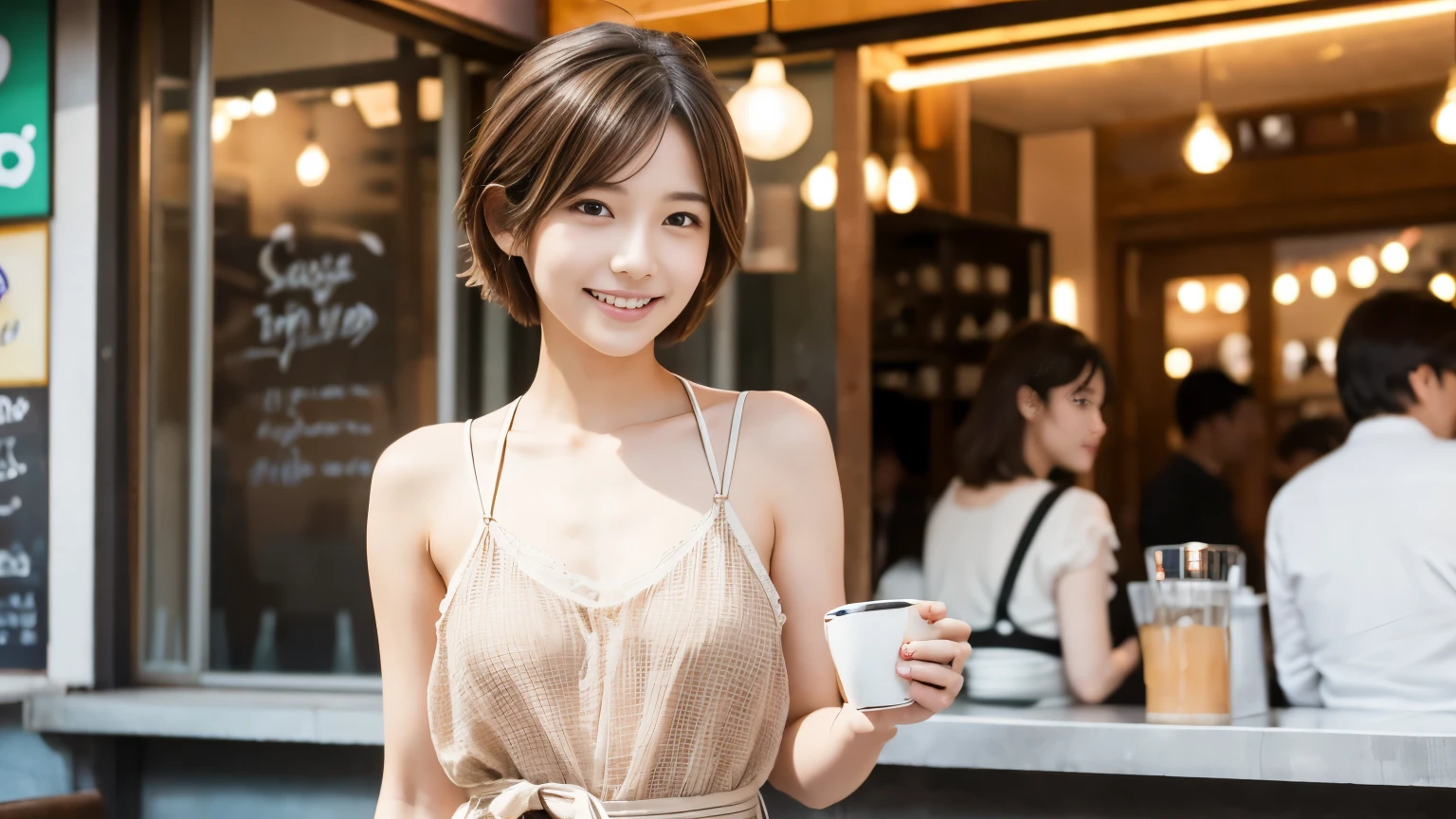 super high quality, Short Hair, Slender, Gravure photoshoot, The staff is working at the counter in the back., (8K、RAW Photos、Highest quality、masterpiece:1.2), Japanese Idol, Stylish café, The cafe is crowded with people enjoying themselves., (Realistic、Photorealistic:1.37), Mesh Hair, Urban Cafe, Golden Ratio, Raw photo, Cute face , Light Brown Hair, Small breasts, Bright cafe interior, Summer clothes, Cafe Terrace, Open Cafe, A kind smile, Hair blowing in the wind, Neat clothes, boyish, ベリーShort Hair, 18-year-old, younger sister, Stylish clothes, 
