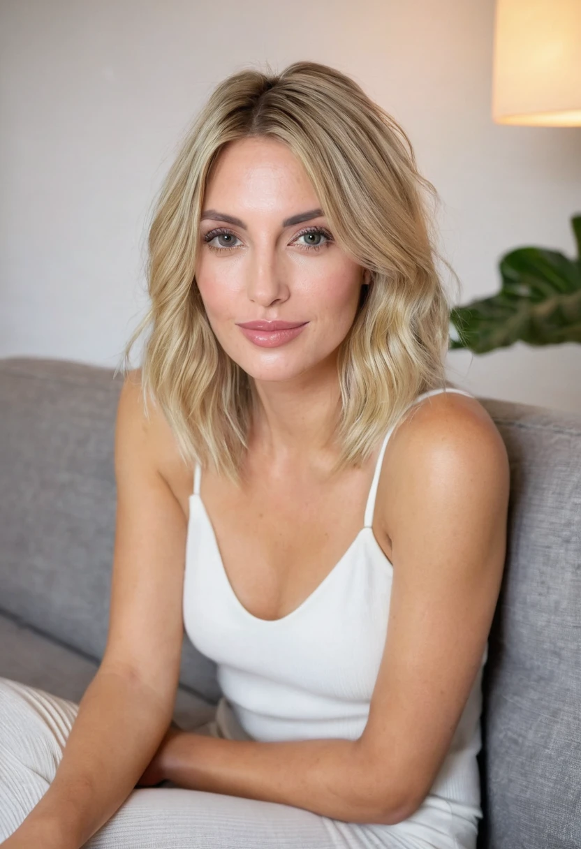 Une jolie femme, femme de 30 ans, blond, Maquillage léger, assis sur le sofa, regarder la caméra, coupe au carré, Cheveux raides, visage mince, joli visage, en survêtement sexy