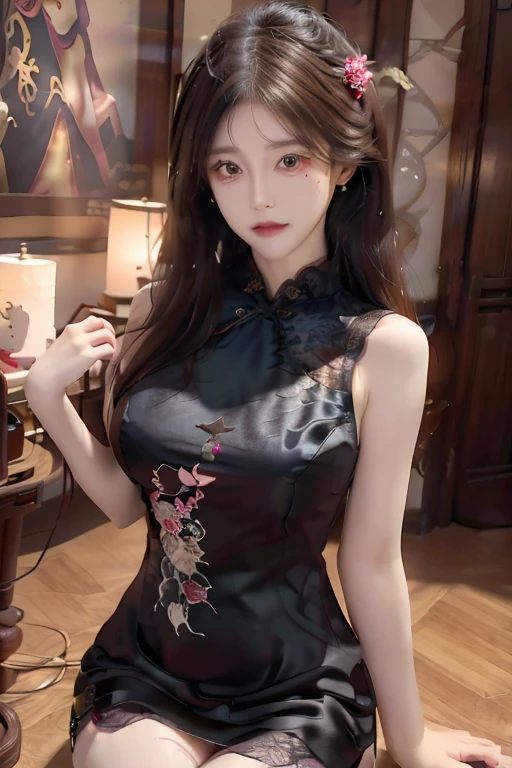 (whole body)Standing Girl, Big breasts, lace cheongsam, big eyes, high nose bridge, black garter stockings