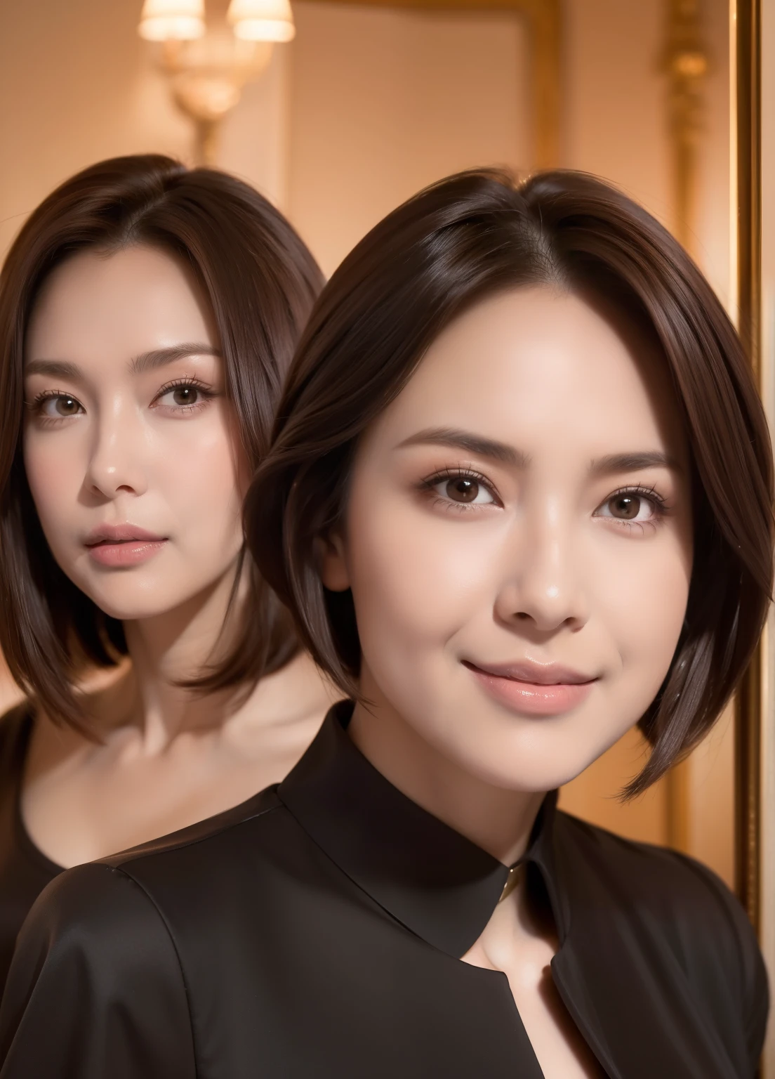 masterpiece,Highest quality, (Two Mature Women), ((Portraiture:1.5)), ((vision:-1)), Compensate, Elegant black shirt, Chest hurts, ((Seduction Performance)),((very short brown hair))、(smile:1.5)
