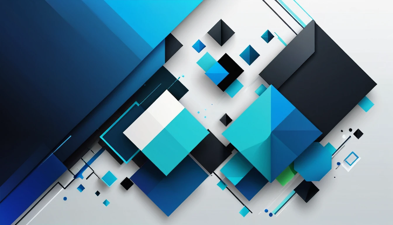 Create a conceptual abstract geometric background for a YouTube cover , tumbnail, with a modern color palette , Unripe , blue and black for a technology conference. 4K, ultra HD