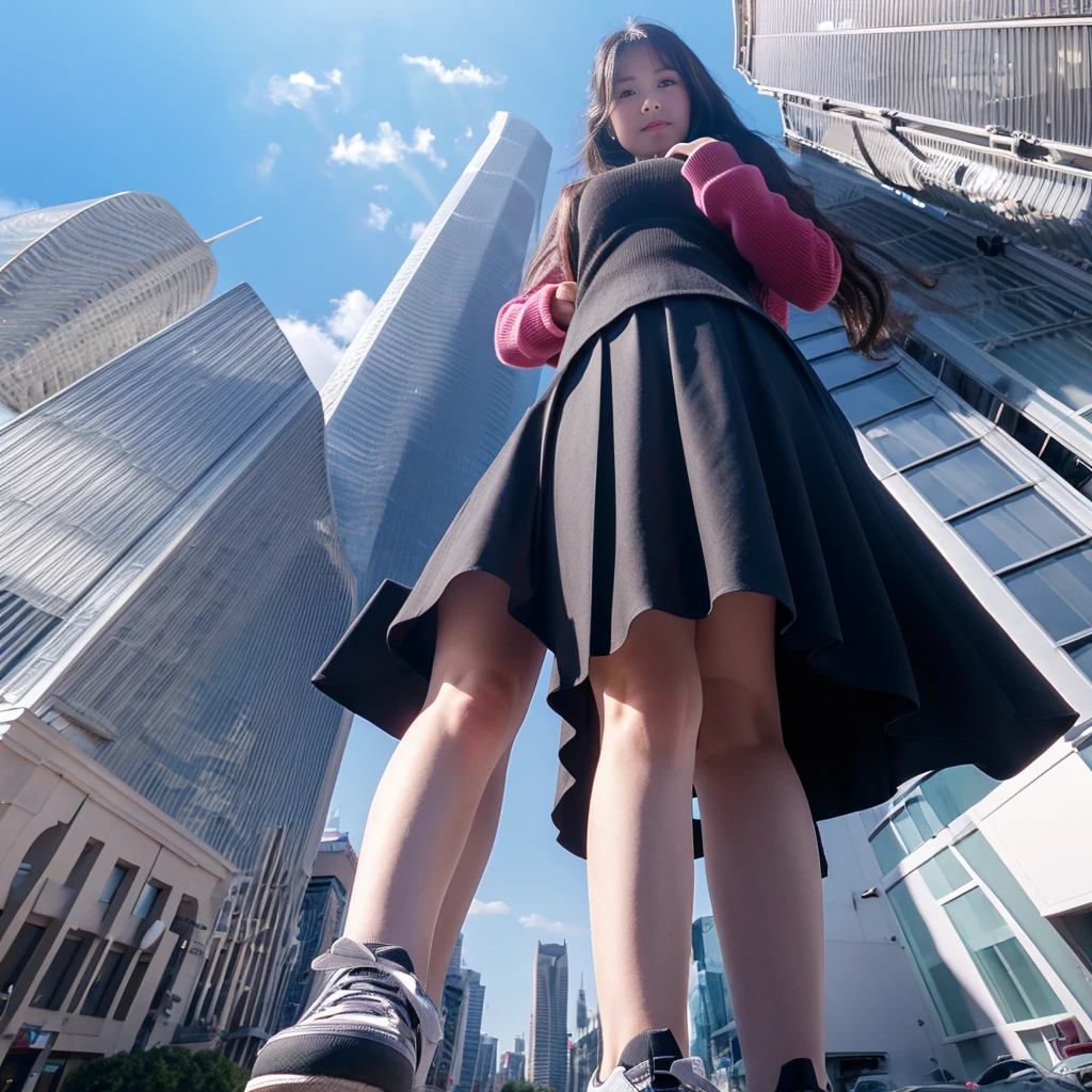 1 girl, negro_rosa, Pink_Skirt, car crush, building, City, day, giant, giantess, long_Hair, looking_in_viewer, outdoor, panties, pleined_Skirt, school_uniform, pink high shoes , Skirt, sky, skyscraper, Alone, platforms 