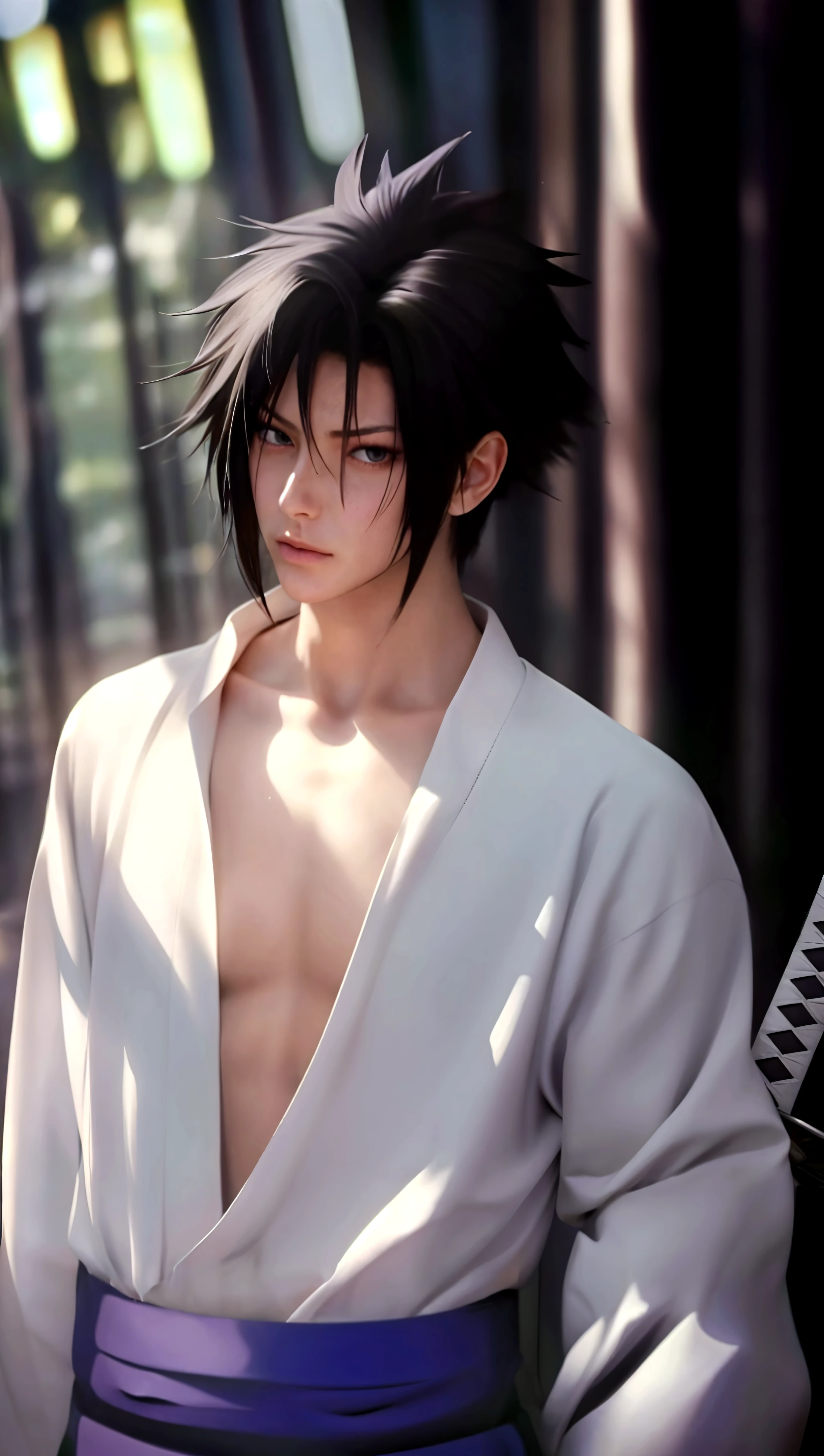 1boy, Sasuke, a man with a sword in his hand, purple skirt, wearing SSK_outfit, posing for a picture, left shoulder exposed, abs, dynamic pose, (masterpiece:1.4),(best quality:1.4),(shiny skin),realistic, eastern architecture , masterpiece, highly detailed, 8K, stunning, hdr, subsurface scattering, global illumination, cinematic lighting, sunlight, realism, hyperrealistic , best quality, highres, (RAW photo:1.2), (photorealistic:1.2),(masterpiece:1.4), illustration, artstation, Alembert Oclusion, SSAO, Bokeh, Cinematic, Depth of Field, DOF, Vignette, Anti-Aliasing art by sakimichan , (sakimi-style:0.8), (nixeu_soft:0.2)