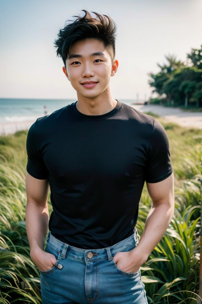 Young Korean man in a white t-shirt and jeans, A handsome, muscular young Asian man looks at the camera in(Plain black t-shirt:1.3)and red , Fieldside, grass, beach, sunlight, Carrying a camera, smiling
