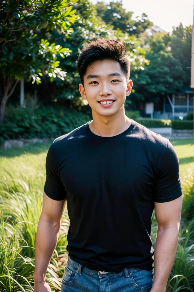 Young Korean man in a white t-shirt and jeans, A handsome, muscular young Asian man looks at the camera in(Plain black t-shirt:1.3)and red , Fieldside, grass, beach, sunlight, Carrying a camera, smiling
