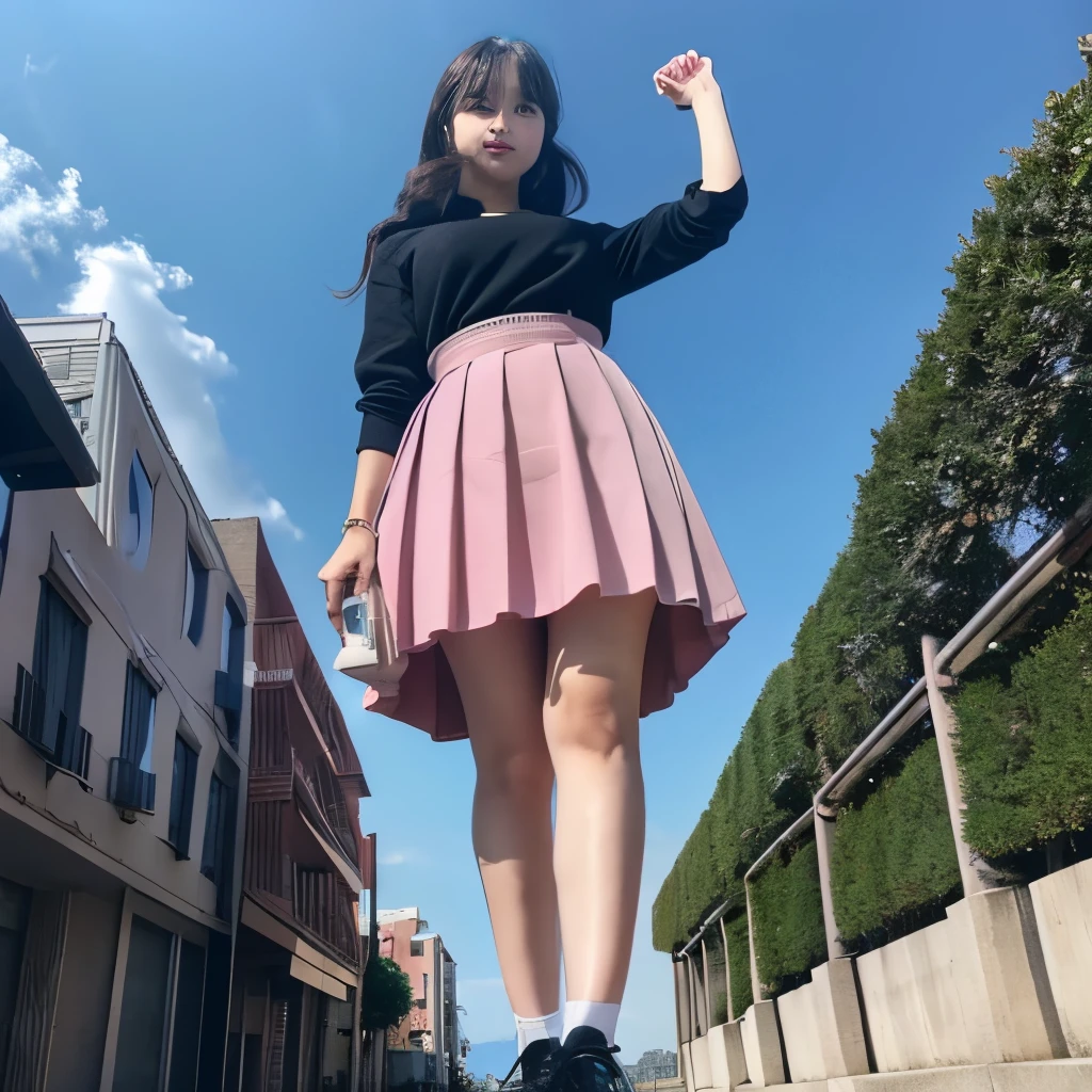 1 girl, negro_rosa, Pink_Skirt, car crush, building, City, day, giant, giantess, long_Hair, looking_in_viewer, outdoor, panties, pleined_Skirt, school_uniform, pink high shoes , Skirt, sky, skyscraper, Alone, platforms