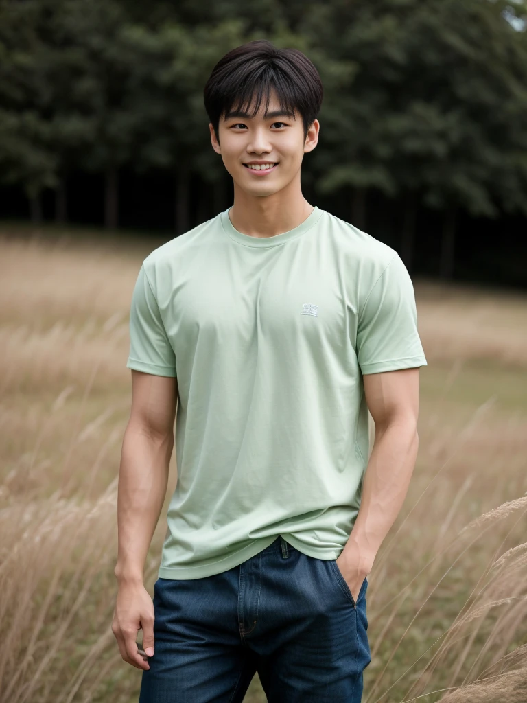 独奏: 1.5, (As a matter of fact, Masterpiece, 8k HD, good light quality, sportswear, fit the face, complicated details), A handsome Korean young man with muscular arms. , 20 years old, be happy, smile brightly, detailed face, delicate eyes, look at the sky, Wear a tight green t-shirt.:1.6 ,Wear a denim coat., jeans period, black eyes, Black hair color, ผมsmooth, smooth,Surreal,Awesome details,Highest quality,real,Open your mouth to talk. , Close your eyes., (standing in the grass:1.5)