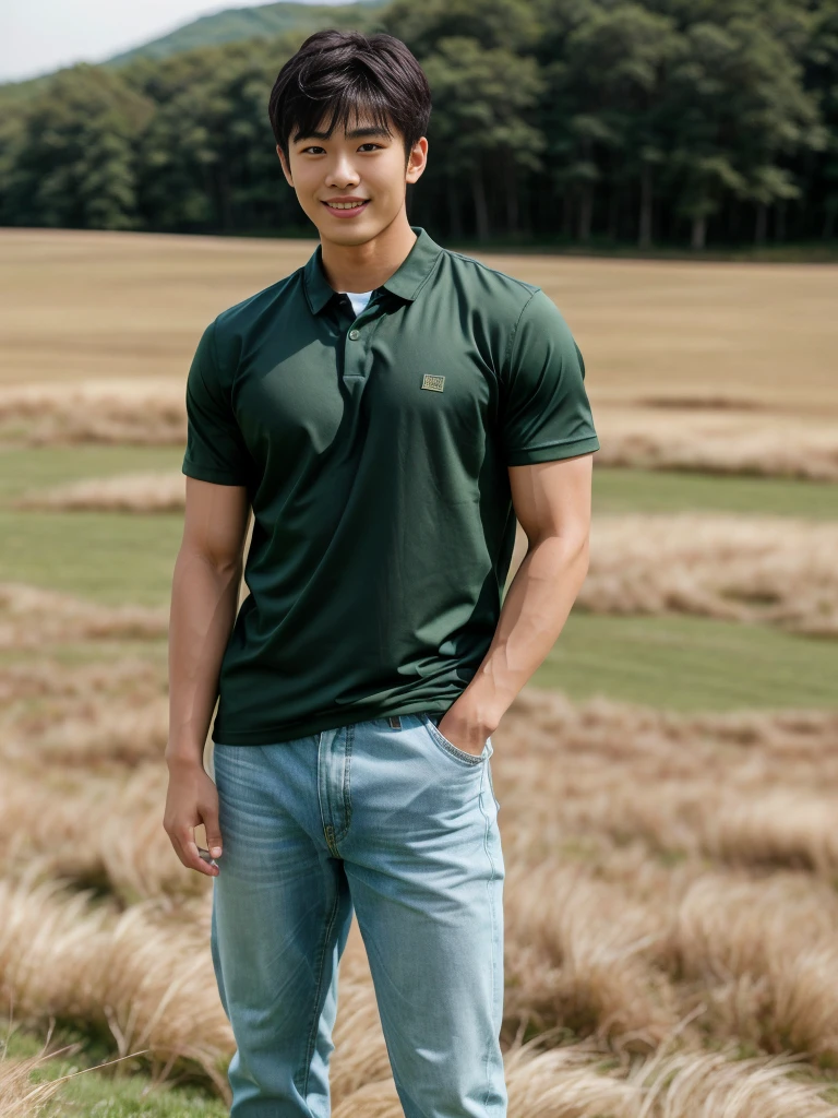 独奏: 1.5, (As a matter of fact, Masterpiece, 8k HD, good light quality, sportswear, fit the face, complicated details), A handsome Korean young man with muscular arms. , 20 years old, be happy, smile brightly, detailed face, delicate eyes, look at the sky, Wear a tight green t-shirt.:1.6 ,Wear a denim coat., jeans period, black eyes, Black hair color, ผมsmooth, smooth,Surreal,Awesome details,Highest quality,real,Open your mouth to talk. , Close your eyes., (standing in the grass:1.5)
