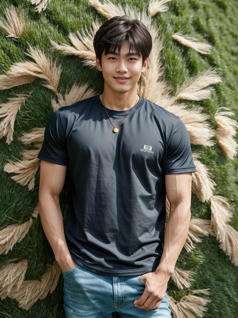 独奏: 1.5, (As a matter of fact, Masterpiece, 8k HD, good light quality, sportswear, fit the face, complicated details), A handsome Korean young man with muscular arms. , 20 years old, be happy, smile brightly, detailed face, delicate eyes, look at the sky, Wear a tight green t-shirt.:1.6 ,Wear a denim coat., jeans period, black eyes, Black hair color, ผมsmooth, smooth，Surreal，Awesome details，Highest quality，real，Open your mouth to talk. , Close your eyes., (standing in the grass:1.5)