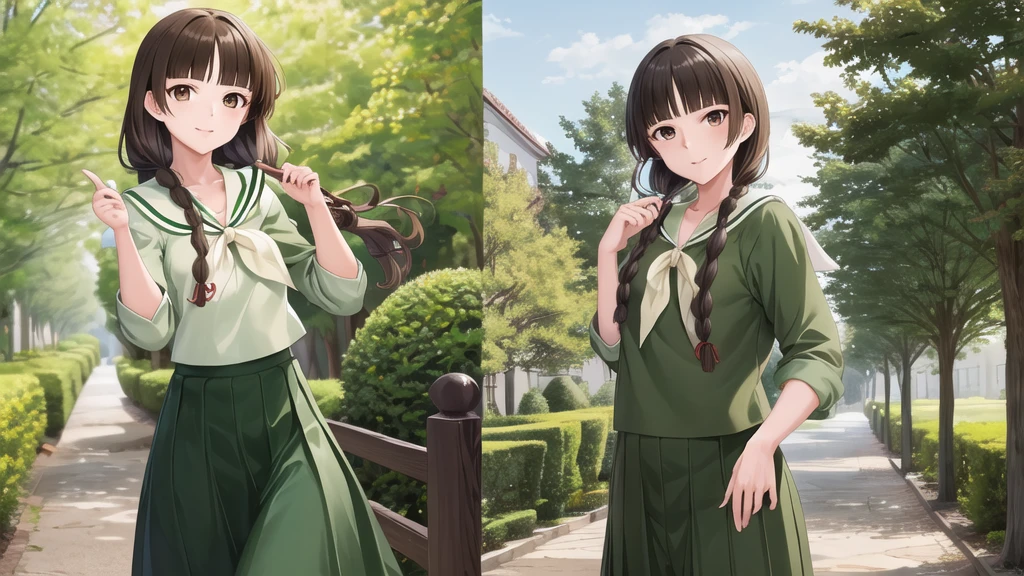masterpiece, Highest quality, High resolution, Ayayoshino, , Long Hair, Twin Blade, Brown eyes, Hair that falls over the shoulders, , Sailor collar, neckerchief, Green Shirt, One piece sailor shirt, Long sleeve, Green Skirt, Long skirt, Are standing, Cowboy Shot, Outdoor, Person on the right, Shining Face