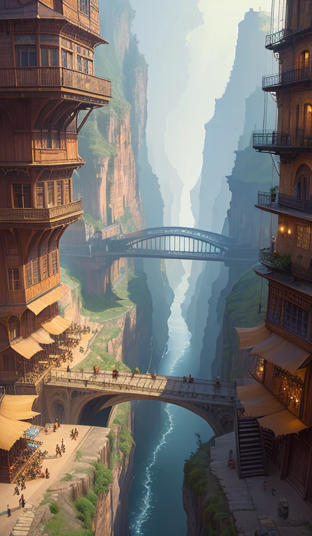 ((masterpiece)),((Highest quality)),((Attention to detail)),((Realistic,))
Industrial City, There is a deep canyon in the middle, Architecture Street, Bazaar, bridge, Wet day, steampunk, European architecture