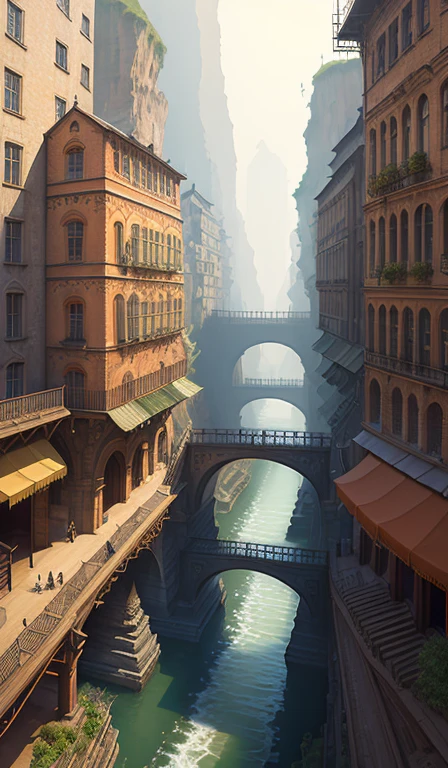 ((masterpiece)),((Highest quality)),((Attention to detail)),((Realistic,))
Industrial City, There is a deep canyon in the middle, Architecture Street, Bazaar, bridge, Wet day, steampunk, European architecture