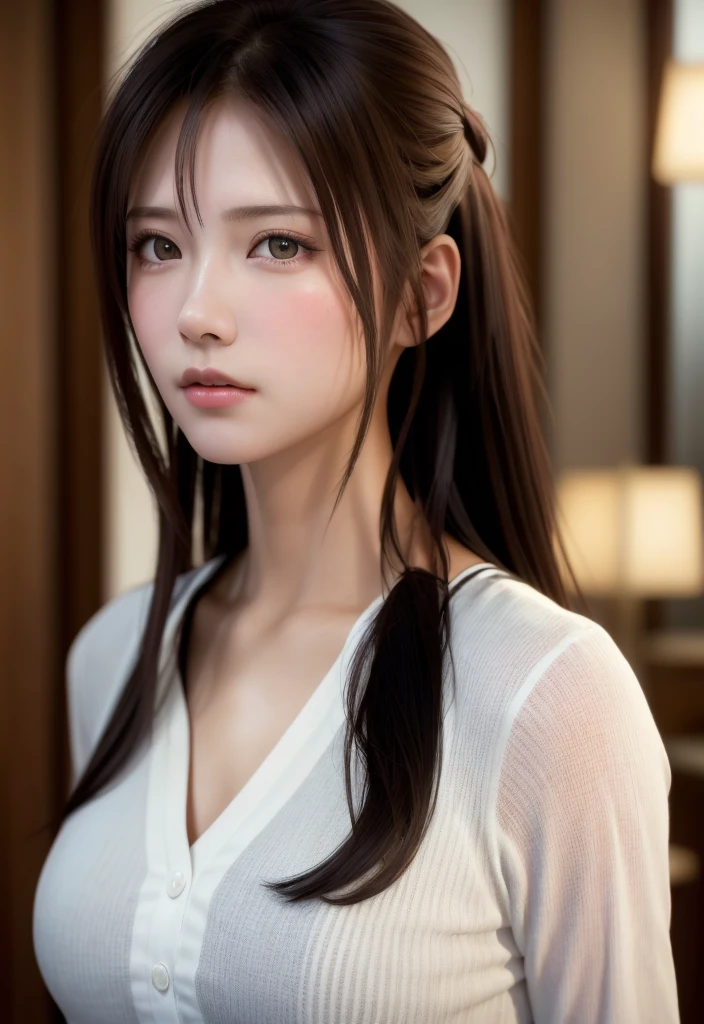 8K, of the highest quality, masutepiece:1.2), (Realistic, Photorealsitic:1.37), of the highest quality, masutepiece, Beautiful young woman, Pensive expression,、A charming、and an inviting look, Cute Maid Clothes, Hair tied back, Cinematic background, Light skin tone
