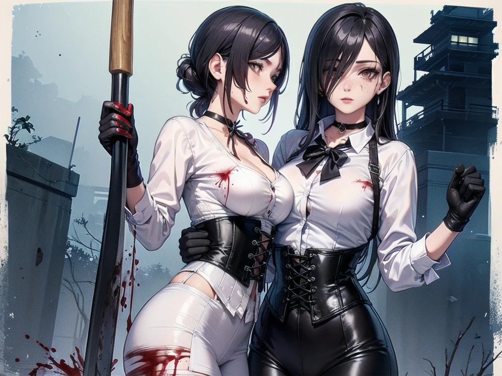 ((blood droplets)), ((blood)), ((blood splatter)), ((blood on clothes)), ((blood stain)), Masterpiece, Beautiful art, professional artist, 8k, Very detailed face, Detailed clothing, detailed fabric, 2 girls, looking at each other, View from the front, standing, BIG BREASTS, perfectly drawn body, shy expression, pale skin, beautiful face, long black hair, 4k eyes, very detailed eyes, pink cheeks, choker:1.6, (white long sleeve button down shirt with white collar), black gloves, gloves that cover hands, (holds an ax with his right hand), (black leather corset), (shiny black leggings), Sensual Lips, show details in the eyes, Atmosphere, fog, At night