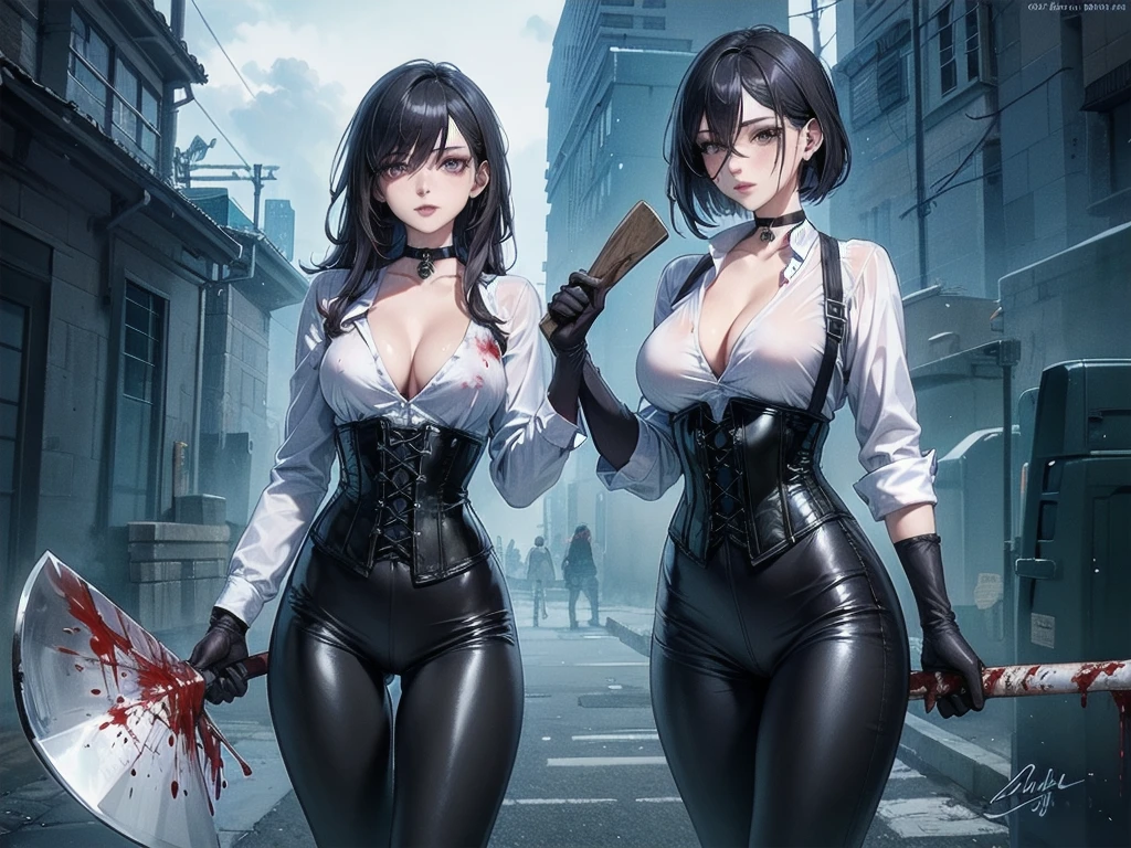 ((blood droplets)), ((blood)), ((blood splatter)), ((blood on clothes)), ((blood stain)), Masterpiece, Beautiful art, professional artist, 8k, Very detailed face, Detailed clothing, detailed fabric, 2 girls, looking at each other, View from the front, standing, , perfectly drawn body, shy expression, pale skin, beautiful face, long black hair, 4k eyes, very detailed eyes, pink cheeks, choker:1.6, (white long sleeve button downrt with white collar), black gloves, gloves that cover hands, (holds an ax with his right hand), (black leather corset), (shiny black leggings), Sensual Lips, show details in the eyes, Atmosphere, fog, At night
