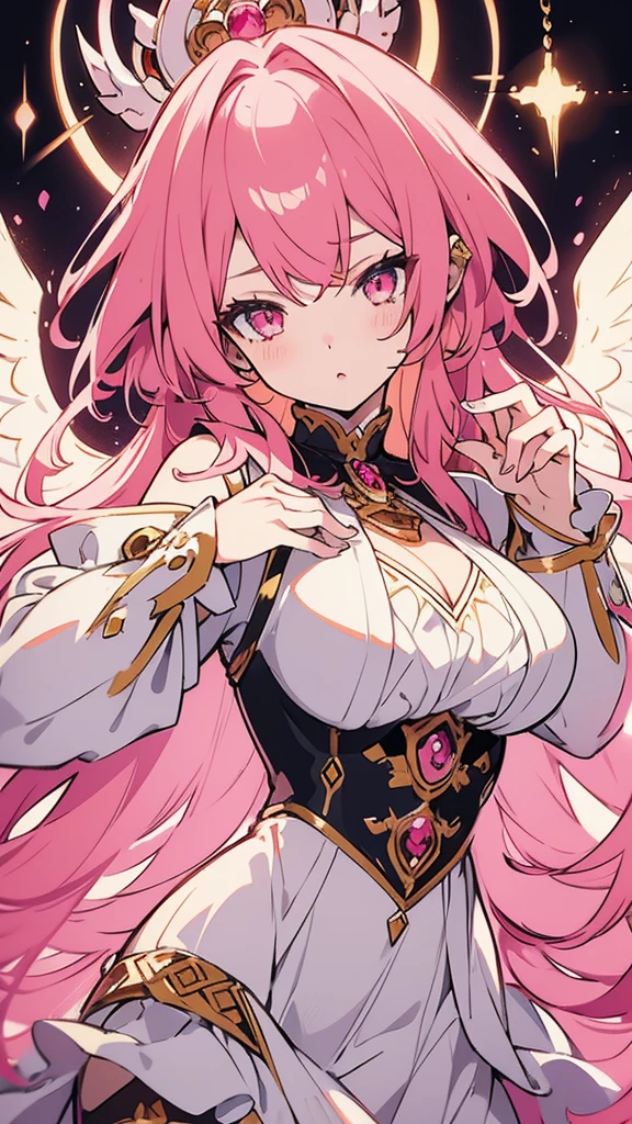 a beautiful detailed anime girl, long flowing pink hair, open chest, piercing eyes, detailed face, elegant pose, photorealistic, vibrant colors, dramatic lighting, intricate background, highly detailed, 8k, masterpiece