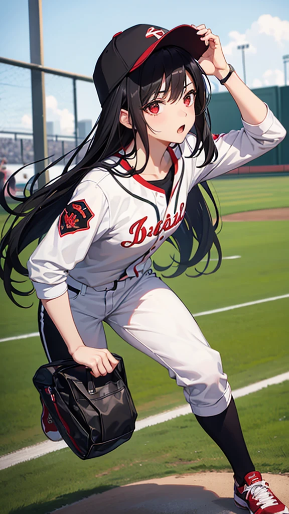Highest quality, Super quality, 16K, Incredibly absurd, Very detailed, delicate and dynamic, SFW, Natural light, , Diffuse reflection of light, Vortex of Light, baseball Ground,mound, , , ,, Sparkling, Create amazing image effects, cash register, Upper body close-up, (cute sexy girl, , sexy long legs, Baseball pitcher, Sensual expression, fine, Active, smile, First pitch, , nervous, , black long hair, Baseball Uniform, hot pants, knee high socks, Wearing a baseball hat, Tifa Lockhart Final Fantasy VII )