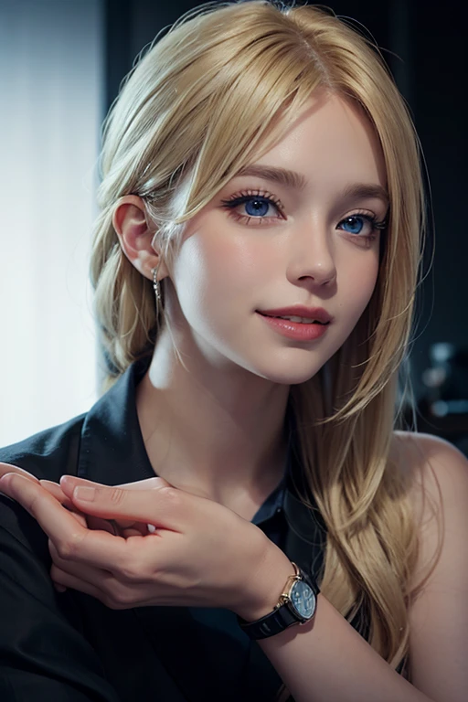 1 girl, alone, Close your eyes, decorations, earring, blonde hair, bare shoulders, realistic, gold background, collarbone, smile, Long eyelashes, decorationsผม, lips, upper body, set, chest, put on makeup, short hair, off shoulder, flower, rift, black set, Portrait