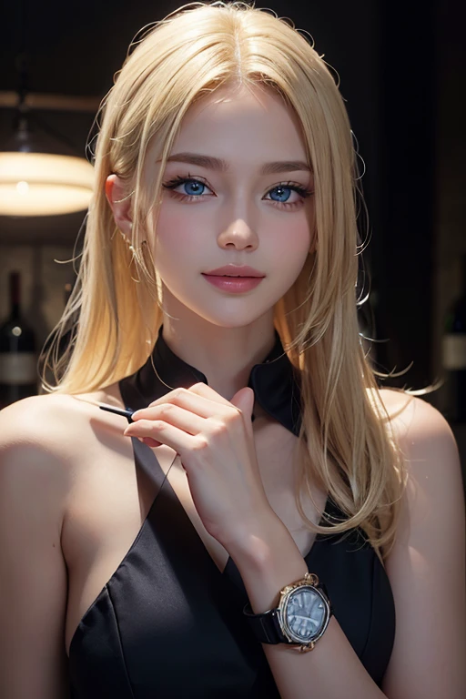 1man, alone, open eyes, Put on a watch, blonde hair, Hold a wine glass, realistic, garage background, smile, Long eyelashes, lips, black set, Portrait, Dark eyebrows, smart, blue eyes