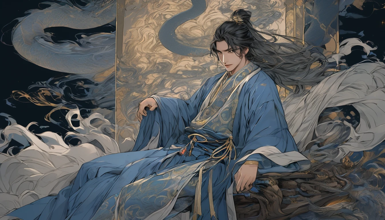 Line art drawing comic a perfect handsome male, Clear Face, A young man in his 18s, Beautiful, Hanfu, ((whole body)), Fine grain,villain, Detailed face,Perfect hand-crafted detail,Dark Background,darkness,liquor,Throne,
cast (unfathomable,Bamboo Flooring,Snake Fire Glass Panel Brownian Motion,Diagonal lines,Zenith angle,Dust storm,Superfluid,ball,oval ,Flowing magic:1.0)| Wizard, (Vibrant,Illuminate,Enthusiast,cycle,dark blue,Chrome Yellow Arcanum,Dazzling,shine ,liquid crystal,Space dust,Teleport,The Magic of Dashed Lines:1.0) Purification spell, Trace the symbol on the parchment with a quill, Precisely craft a spell, Astral Sparkle, Simple Positive XLv1, Ultra-high resolution, wallpaper, 8K,Richly textured details, Elevation, A magnificent composition, . graphic illustration, Comic art, graphic novel art, Vibrant, Very detailed . Professional, Sophisticated, Modern, Minimalist, graphic, Line art, vector graphics