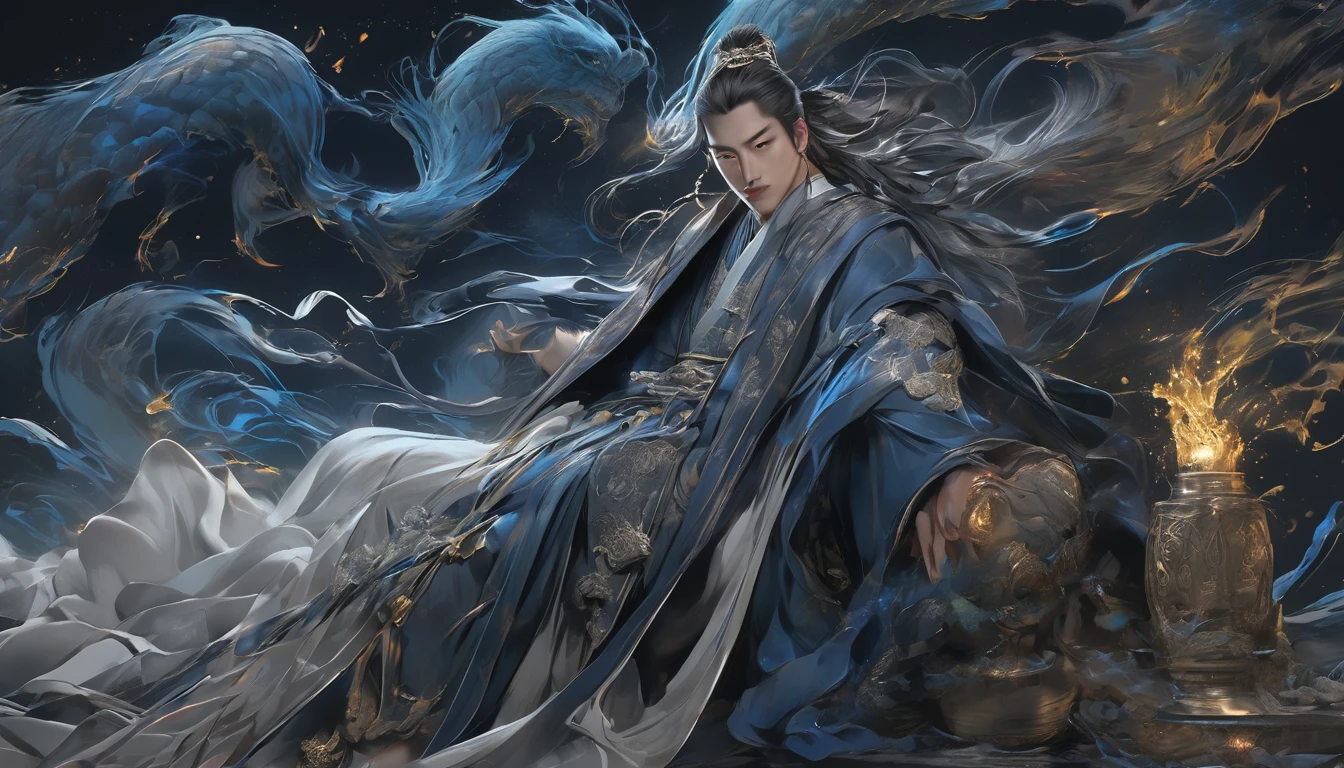 Line art drawing comic a perfect handsome male, Clear Face, 18-year-old man, Beautiful, Hanfu, ((whole body)), Fine grain,villain, Detailed face,Perfect hand-crafted detail,Grab a brush,Dark Background,darkness,Throne,
cast (unfathomable,Bamboo Flooring,Dragon Fire Glass Panel Brownian Motion,Diagonal lines,Zenith angle,Dust storm,Superfluid,ball,oval ,Flowing magic:1.0)| Wizard, (Vibrant,Illuminate,Enthusiast,cycle,dark blue,Chrome Yellow Arcanum,Dazzling,shine ,liquid crystal,Space dust,Teleport,The Magic of Dashed Lines:1.0) Purification spell, Trace the symbol on the parchment with a quill, Precisely craft a spell, Astral Sparkle, Simple Positive XLv1, Ultra-high resolution, wallpaper, 8K,Richly textured details, Elevation, A magnificent composition, . graphic illustration, Comic art, graphic novel art, Vibrant, Very detailed . Professional, Sophisticated, Modern, Minimalist, graphic, Line art, vector graphics