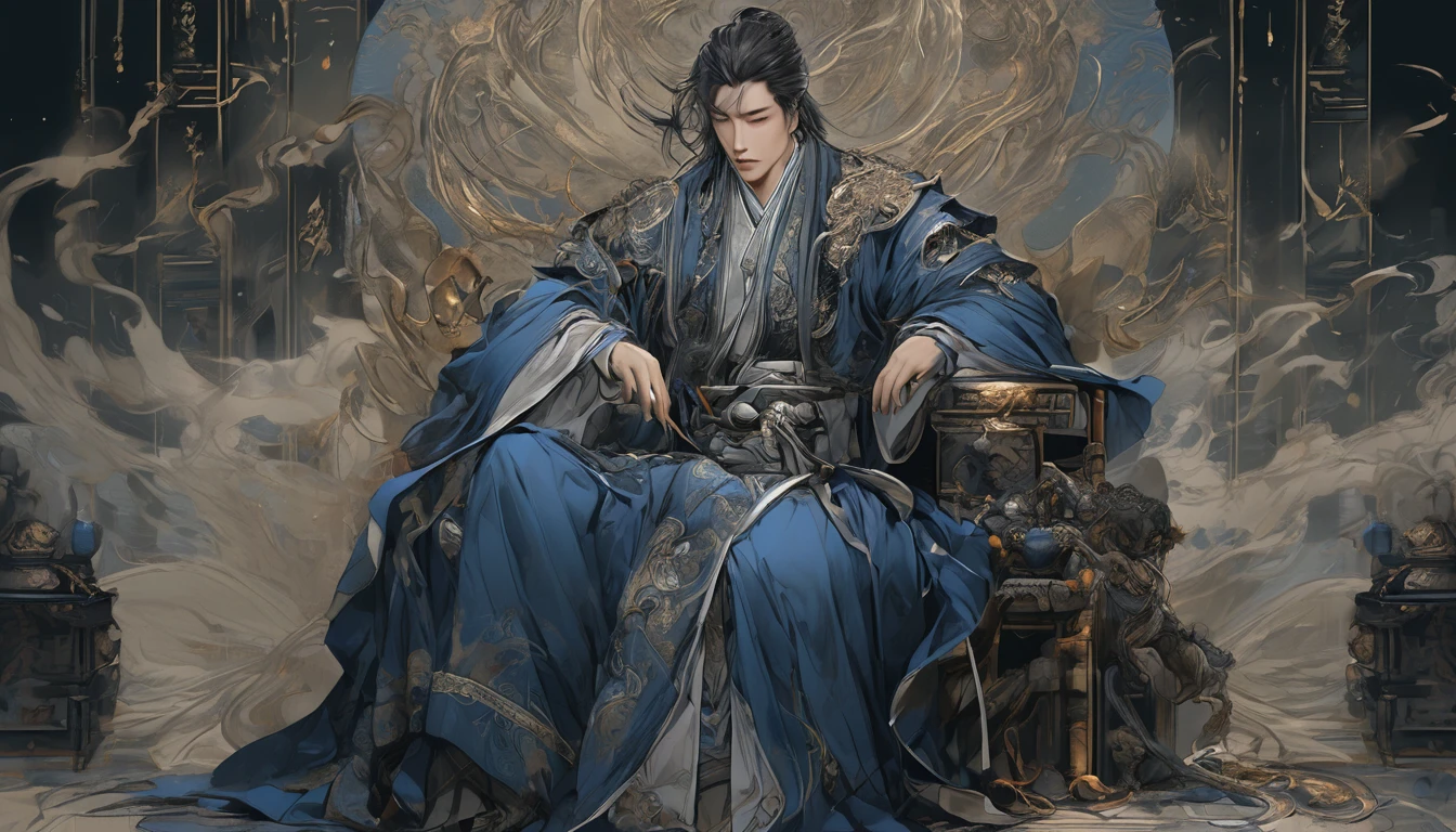 Line art drawing comic a perfect handsome male, Clear Face, A young man in his 18s, Beautiful, Hanfu, ((whole body)), Fine grain,villain, Detailed face,Perfect hand-crafted detail,Dark Background,darkness,liquor,Throne,
cast (unfathomable,Bamboo Flooring,Snake Fire Glass Panel Brownian Motion,Diagonal lines,Zenith angle,Dust storm,Superfluid,ball,oval ,Flowing magic:1.0)| Wizard, (Vibrant,Illuminate,Enthusiast,cycle,dark blue,Chrome Yellow Arcanum,Dazzling,shine ,liquid crystal,Space dust,Teleport,The Magic of Dashed Lines:1.0) Purification spell, Trace the symbol on the parchment with a quill, Precisely craft a spell, Astral Sparkle, Simple Positive XLv1, Ultra-high resolution, wallpaper, 8K,Richly textured details, Elevation, A magnificent composition, . graphic illustration, Comic art, graphic novel art, Vibrant, Very detailed . Professional, Sophisticated, Modern, Minimalist, graphic, Line art, vector graphics