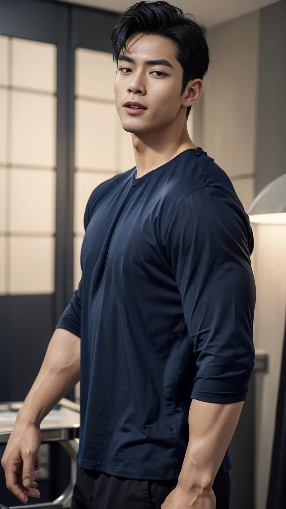 (Create a masterpiece: 1.2),(CGI art:1.3),(realistic:1.5),(After processing:1.3), (Sharp focus:1.3), 1 man, open mouth, smile, (Navy blue round neck t-shirt:1.3), Navy cargo pants, Korean guy , korean men, (High gloss details), chest muscles, large arm muscles, blood vessel, Big muscles, Broad shoulders, looking at the audience, Balancing the eyes, bedroom, Close your eyes.,(open mouth:1.1)