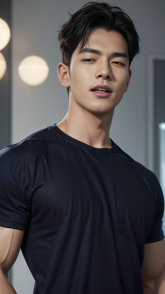(Create a masterpiece: 1.2),(CGI art:1.3),(realistic:1.5),(After processing:1.3), (Sharp focus:1.3), 1 man, open mouth, smile, (Navy blue round neck t-shirt:1.3), Navy cargo pants, Korean guy , korean men, (High gloss details), chest muscles, large arm muscles, blood vessel, Big muscles, Broad shoulders, looking at the audience, Balancing the eyes, bedroom, Close your eyes.,(open mouth:1.1)