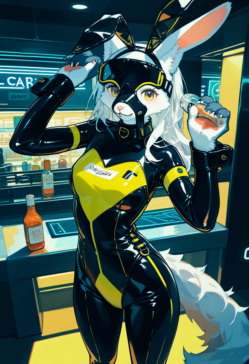 Highest quality, Highest quality, High quality illustrations, masterpiece, Ultra-high resolution, Detailed Background, cyber cafe, Bottle, Absurd, Perfect Anatomy, performance, Good lighting, Shadows in the movies(kemono, Furry Personifi猫ion), Rubber suit, Rubber suit, latex, neon, neonライト, neonカラー, Fishnet tights, Maid clothes, ribbon, juvenile, From above