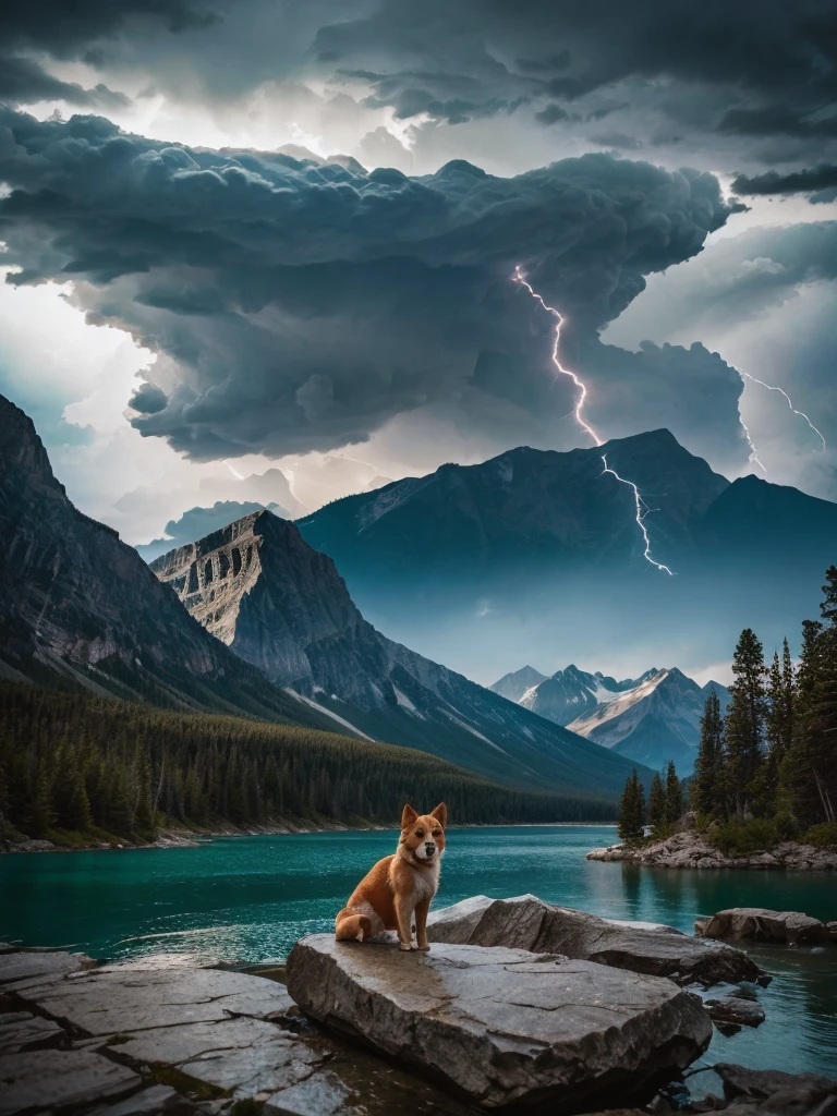 there is a small animal sitting on a rock near a lake, banff national park, behind that turquoise mountains, guardian of the holy lake, stunning nature in background, spectacular rocky mountains, ( dog ) jumps from mountain, breathtaking shot, gazing at the water, majestic nature scenery, mountains and lakes, paradise in the background, breathtaking scenery, great masterpiece, epic and stunning, amazing lightning art, natural lightning, creepy lightning, amazing lightning, dramatic lightening, lightning creating life, crackling with lightning, epic lightning, colossal lightning, scary lightning, beautiful lightning, lightning strikes, exquisite lightning, insane lightning, national geographic photo”, thunderstorm and fire, lightning strike,