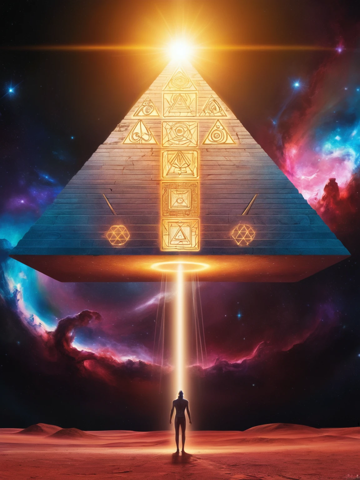 arafed image of a man standing in front of a pyramid, pyramid portal, ancient megastructure pyramid, mythical cosmic shrine, epic shamanic dmt art, ancient alien portal, dmt temple, an interdimensional being, galactic temple, artgem and beeple masterpiece, jen bartel, esoteric equation heaven, enlightenment tripping on dmt