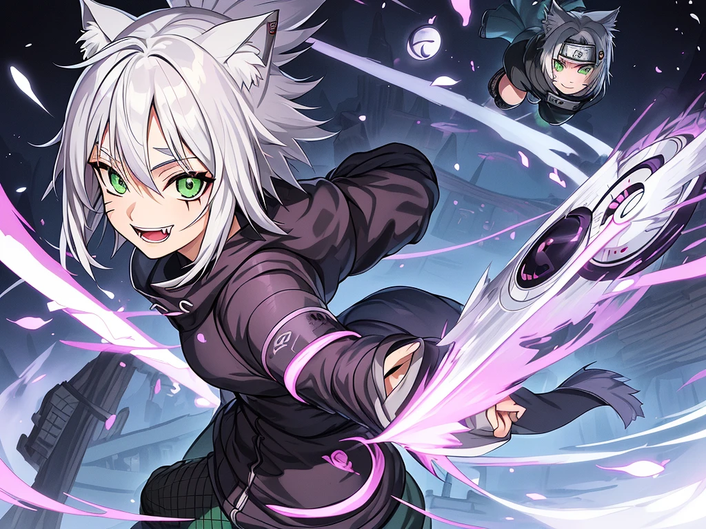 SFW, ultra 4k hd, absurdres, anime, naruto, white hair, lavender hair, gray hair, silver hair, neko, green eyes, ninja, short hair, chubby, medium breasts, messy hair, gray hair, cat ears, catgirl, nekomimi, cat tail, forehead protector, kunoichi, hair between eyes, silver hair, anime style, fullbody, eye scar, smiling, fangs, 1girl, naruto shippuden, solo, baggy clothes, alone, forest, village, akatsuki, leaf village, konoha, 1fang, cloak, fishnets, v bangs, bangs, fluffy, dark clothes, purple clothes, clothing design, ninja fashion, light eyes, scar over eye, light green eyes, scars, SFW, ultra 4k hd, absurdres, anime, naruto, white hair, lavender hair, gray hair, silver hair, neko, green eyes, ninja, short hair, chubby, medium breasts, messy hair, gray hair, cat ears, catgirl, nekomimi, cat tail, forehead protector, kunoichi, hair between eyes, silver hair, anime style, fullbody, eye scar, fangs, 1girl, naruto shippuden, solo, baggy clothes, alone, forest, village, 1fang, cloak, fishnets, v bangs, bangs, fluffy, dark clothes, purple clothes, clothing design, ninja fashion, light eyes, scar over eye, light green eyes, scars, hood, hood down, hood off, ((best quality:1), (masterpiece:1), (ultra-detailed:1):1.3), cinematic lighting, detailed background, detailed, absurd detail, ahoge, half updo hairstyle, dynamic lighting, (detailed background:1), sidetails, long side locks, SFW, ultra 4k hd, absurdres, anime, naruto, white hair, lavender hair, gray hair, silver hair, neko, green eyes, ninja, short hair, chubby, medium breasts, messy hair, gray hair, cat ears, catgirl, nekomimi, cat tail, forehead protector, kunoichi, hair between eyes, silver hair, anime style, fullbody, eye scar, fangs, 1girl, naruto shippuden, solo, baggy clothes, alone, forest, village, 1fang, cloak, fishnets, v bangs, bangs, fluffy, dark clothes, purple clothes, clothing design, ninja fashion, light eyes, scar over eye, light green eyes, scars, hood, hood down, hood off, ((best quality:1)