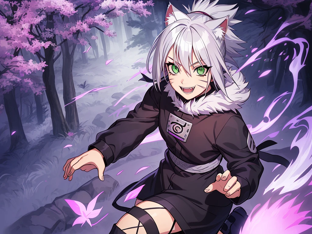 SFW, ultra 4k hd, absurdres, anime, naruto, white hair, lavender hair, gray hair, silver hair, neko, green eyes, ninja, short hair, chubby, medium breasts, messy hair, gray hair, cat ears, catgirl, nekomimi, cat tail, forehead protector, kunoichi, hair between eyes, silver hair, anime style, fullbody, eye scar, smiling, fangs, 1girl, naruto shippuden, solo, baggy clothes, alone, forest, village, akatsuki, leaf village, konoha, 1fang, cloak, fishnets, v bangs, bangs, fluffy, dark clothes, purple clothes, clothing design, ninja fashion, light eyes, scar over eye, light green eyes, scars, SFW, ultra 4k hd, absurdres, anime, naruto, white hair, lavender hair, gray hair, silver hair, neko, green eyes, ninja, short hair, chubby, medium breasts, messy hair, gray hair, cat ears, catgirl, nekomimi, cat tail, forehead protector, kunoichi, hair between eyes, silver hair, anime style, fullbody, eye scar, fangs, 1girl, naruto shippuden, solo, baggy clothes, alone, forest, village, 1fang, cloak, fishnets, v bangs, bangs, fluffy, dark clothes, purple clothes, clothing design, ninja fashion, light eyes, scar over eye, light green eyes, scars, hood, hood down, hood off, ((best quality:1), (masterpiece:1), (ultra-detailed:1):1.3), cinematic lighting, detailed background, detailed, absurd detail, ahoge, half updo hairstyle, dynamic lighting, (detailed background:1), sidetails, long side locks, SFW, ultra 4k hd, absurdres, anime, naruto, white hair, lavender hair, gray hair, silver hair, neko, green eyes, ninja, short hair, chubby, medium breasts, messy hair, gray hair, cat ears, catgirl, nekomimi, cat tail, forehead protector, kunoichi, hair between eyes, silver hair, anime style, fullbody, eye scar, fangs, 1girl, naruto shippuden, solo, baggy clothes, alone, forest, village, 1fang, cloak, fishnets, v bangs, bangs, fluffy, dark clothes, purple clothes, clothing design, ninja fashion, light eyes, scar over eye, light green eyes, scars, hood, hood down, hood off, ((best quality:1)