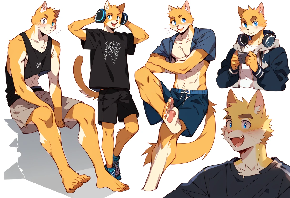 score_9, score_8_up, score_7_up, male, furry, high quality, hires, anthro, ager, 16 ymestic cat, bright yellow fur, blue eyes, wide brown eyebrows, an excited expression, humanoid feet, slim body, prominent v-line, prominent abs, prominent legs, prominent forearm, prominent knees, white background, treasure trail, armpit hair, furry legs, in various sexy poses, headphones, casual clothes, joggers, shorts, showing off, sitting, patting his legs