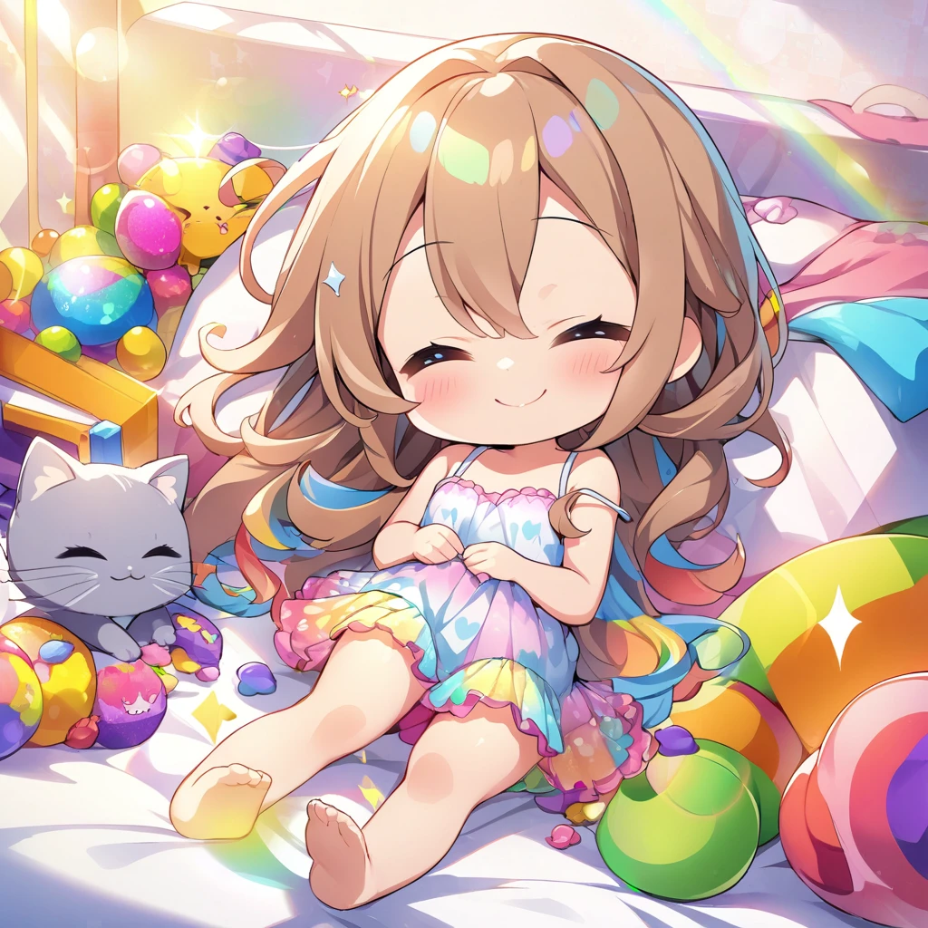 masterpiece, best quality, 4k、2D illustration、one beautiful girl、solo、(((chibi style)))、((vivid colors))、cute chibi、lovely chibi、long beautiful hair, glossy light brown hair, hair between eyes, cute、closed eyes、((camisole dress)), ((miniskirt))、((colorful))、((happy smile))、sleeping in bed、((full body shot))、((kitten)), ((lots of colorful stuff around))、((bed))、sparkle、((lens flare))、