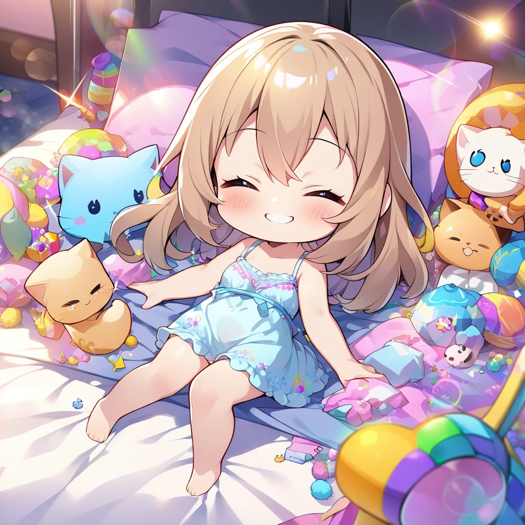 masterpiece, best quality, 4k、2D illustration、one beautiful girl、solo、(((chibi style)))、((vivid colors))、cute chibi、lovely chibi、long beautiful hair, glossy light brown hair, hair between eyes, cute、closed eyes、((camisole dress)), ((miniskirt))、((colorful))、((happy smile))、sleeping in bed、((full body shot))、((kitten)), ((lots of colorful stuff around))、((bed))、sparkle、((lens flare))、