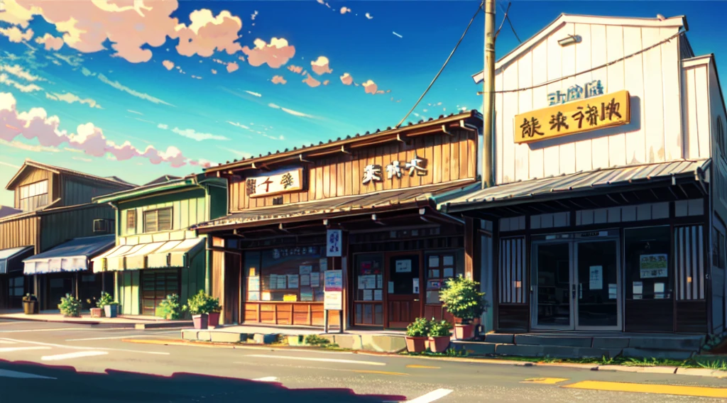 anime background, anime wallpaper, anime, anime style, praise, praise style, Modern Japanese streets, Mountain々, Uphill, Modern Japanese architecture, Japanese Convenience Stores, big retro japanese Store sign, Retro Japanese shop, wood, plant, rock, 植wood鉢, Store sign, Japanese Banner, Japanese Signs, flag, sunrise, Golden Hour, Golden lighting, Empty Streets, no one in sight, (no one: 1), Highest quality