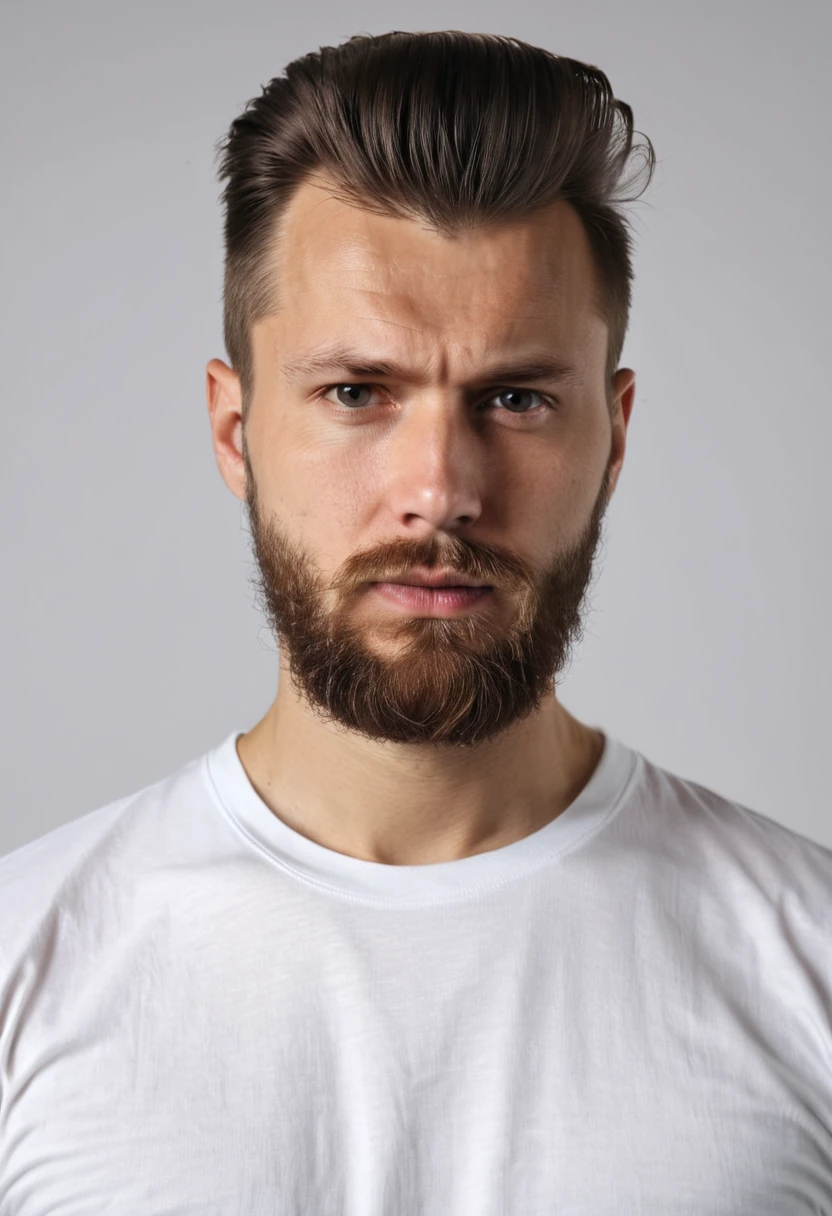 a serious-looking russian man with and pompadour haircut with well-groomed beard, wearing a white t-shirt, closeup portrait, dramatic lighting, white background, gloomy, (best quality,8k,highres,masterpiece:1.2),ultra-detailed,(realistic,photorealistic,photo-realistic:1.37),HDR,studio lighting,vivid colors,superb quality,portrait,dramatic