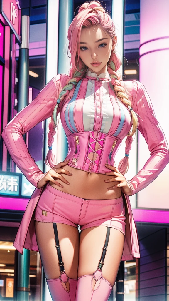 Attractive 27 year old woman, blonde Hair, long hair, braids, Pink inner color((colored inner hair)), Wear a cropped corset, Wear stylish tiny shorts, Wearing thigh high boots, Place your hands on your hips, smile, Sexy proportions, At the shopping mall