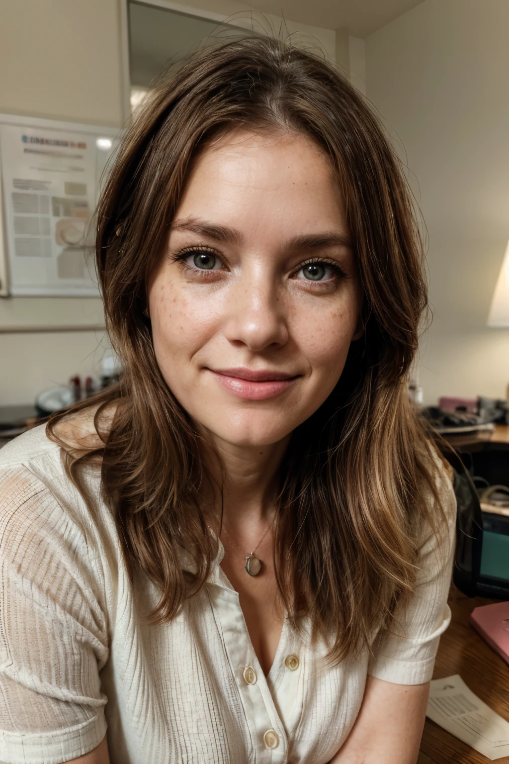 A close-up portrait shot of Dr. Amanda Eversfield, a warm and approachable woman in her late forties with a kind face, sitting at her desk in a modern clinic, her expressive hazel eyes reflecting empathy and understanding, fair skin with a light sprinkling of freckles across her nose and cheeks, wearing a pastel-colored blouse, natural light highlighting her gentle smile, shot with a Nikon Z7 II, 50mm f/1.4 lens, soft and warm tones