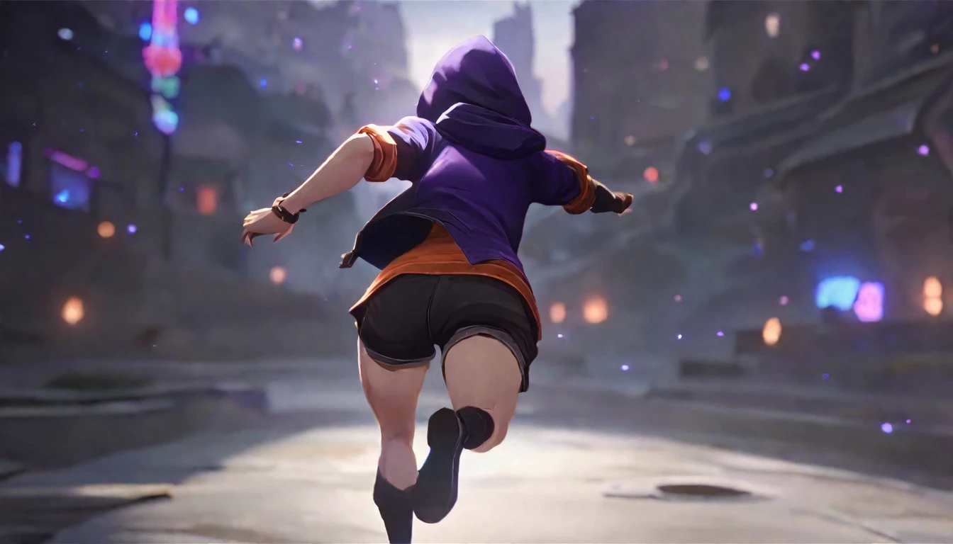 score_9, score_8_up, score_7_up, score_6_up, score_5_up, score_4_up, BREAK Arcane, solo, best aesthetic, league of legends, thin, pale skin, long shot, cinematic lighting, bokeh, epic, blue and orange colors, striking colors, 1 girl running, back angle, purple hoodie, thick thighs, black shorts, tight clothing, highly detailed city background, centered,