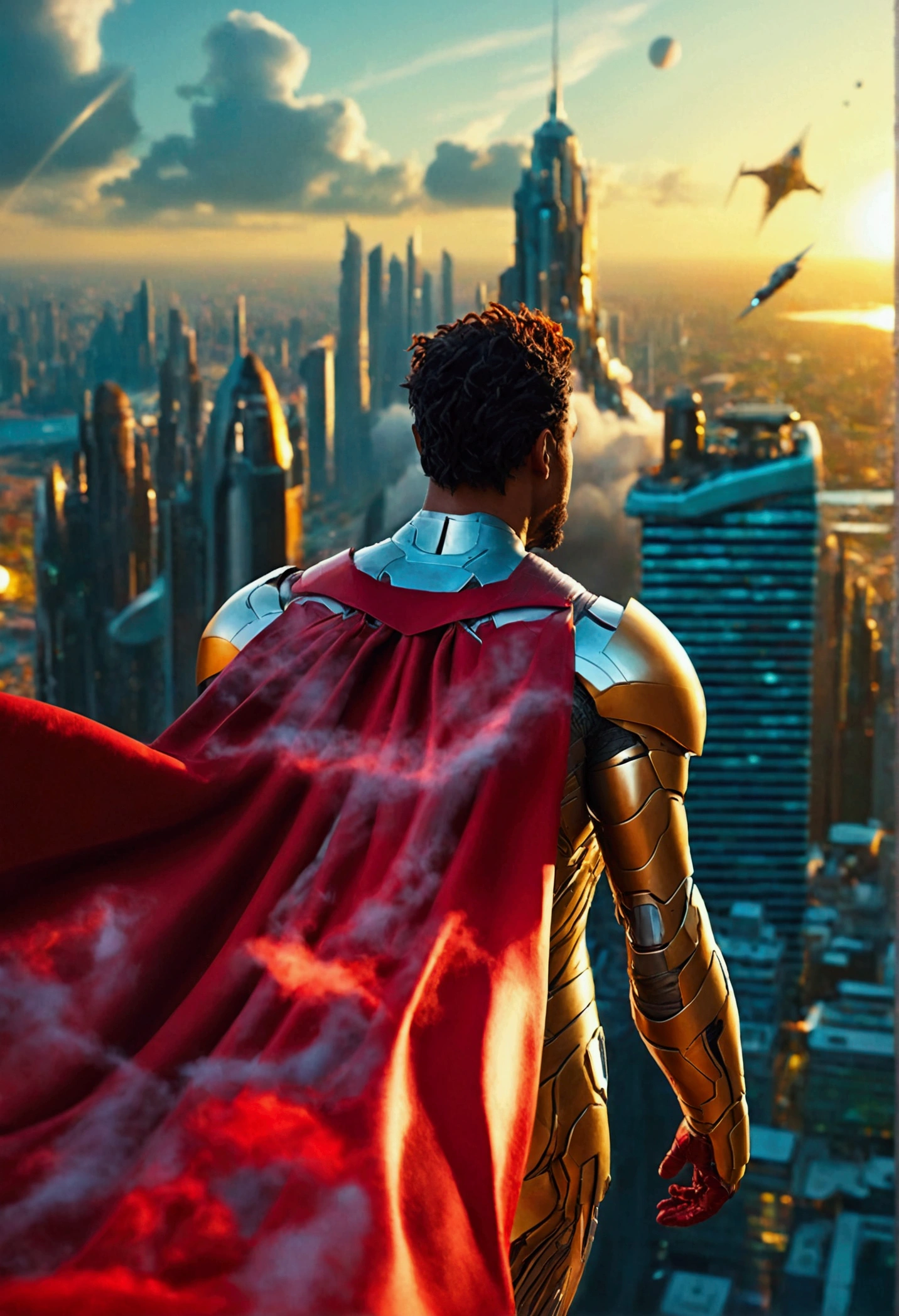 /imagine a the back of a realistic intricately detailed muscular man with medium length dreadlocks wearing a silver metallic iron man inspired sci-fi armour with a long red flowing cape, he flies in the clouds while observing a distant realistic intricately detailed science fiction city with tall sci-fi skyscrapers in the background featuring realistic intricately detailed sci-fi aircrafts flying around the atmosphere of the distant sci-fi city, featuring a beautiful solar eclipse in the sky : octane monochromatic color grading, Zack Snyder film style, cinematic, aerial view cinematic lighting, dynamic lighting, photography hyper realistic, ultra HD resolution, dynamic lighting blends with natural light