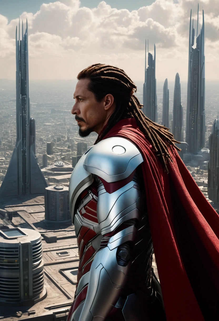 /imagine a the back of a realistic intricately detailed muscular man with medium length dreadlocks wearing a silver metallic iron man inspired sci-fi armour with a long red flowing cape, he flies in the clouds while observing a distant realistic intricately detailed science fiction city with tall sci-fi skyscrapers in the background featuring realistic intricately detailed sci-fi aircrafts flying around the atmosphere of the distant sci-fi city, featuring a beautiful solar eclipse in the sky : octane monochromatic color grading, Zack Snyder film style, cinematic, aerial view cinematic lighting, dynamic lighting, photography hyper realistic, ultra HD resolution, dynamic lighting blends with natural light