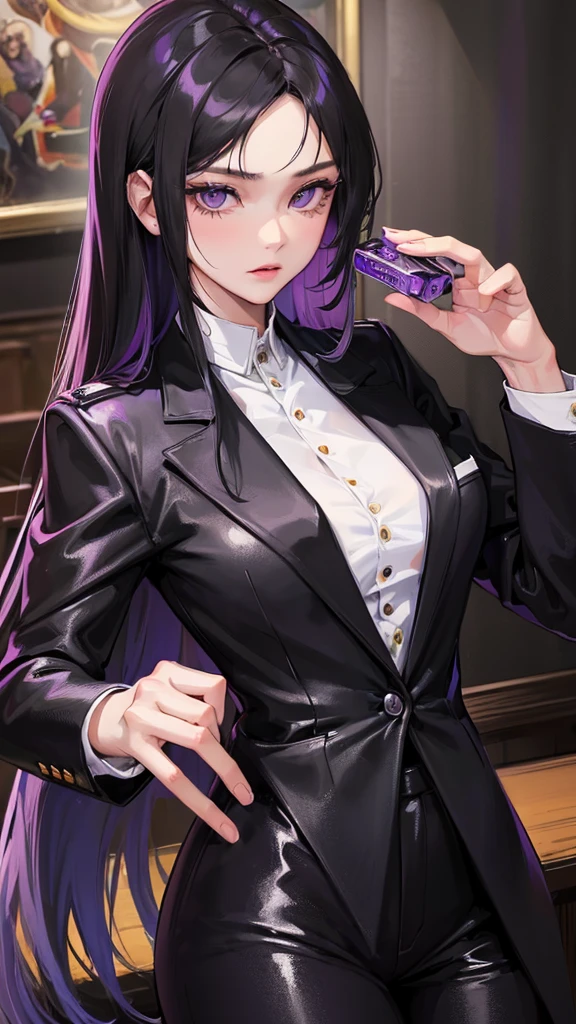 (Top resolution、Distinct_image)top-quality、female 、​masterpiece、highly detailed、Semi-realistic、purple eyes  、18year old、young、cool clothing、Exquisite facial features、Facial features ,variations, potrait, a bar background,   Black hair , long straight hairstyles, wear black suits, Mafia , yakuza, criminals , badass, cold eyes,