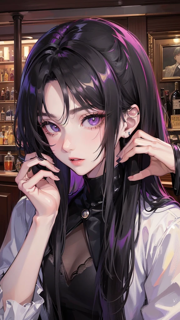(Top resolution、Distinct_image)top-quality、female 、​masterpiece、highly detailed、Semi-realistic、purple eyes  、18year old、young、cool clothing、Exquisite facial features、Facial features ,variations, potrait, a bar background,   Black hair , long straight hairstyles, wear black suits, Mafia , yakuza, criminals , badass, cold eyes,