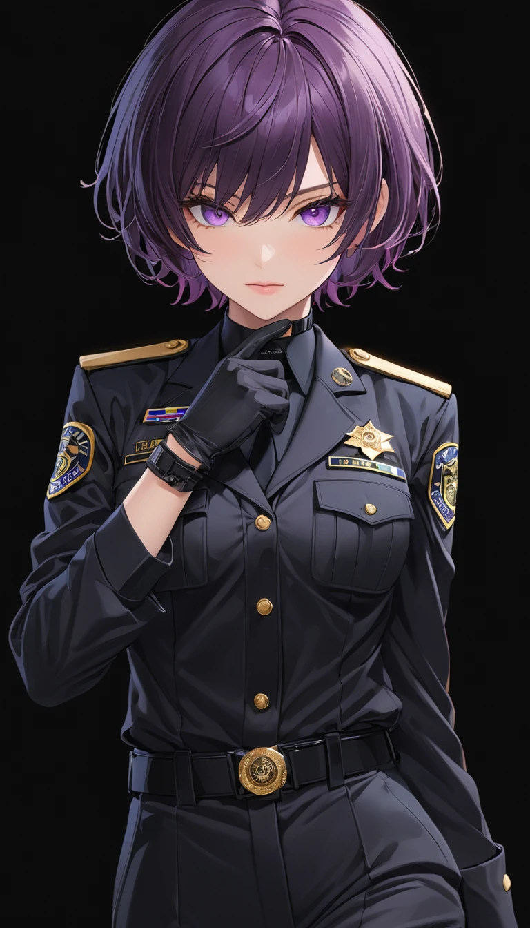 High-resolution anime digital art, Masterpiece, tomboy, mature, sexy, smart, short hair color pitch black, real detail eyes pupil purple, real detail hands and fingers, wear gloves, black chokers, wear Black FBI uniform, Full Body, Alone, Full Body, intricate, hyper detailed, sharp focus, physically-based rendering, (black background:1.1)