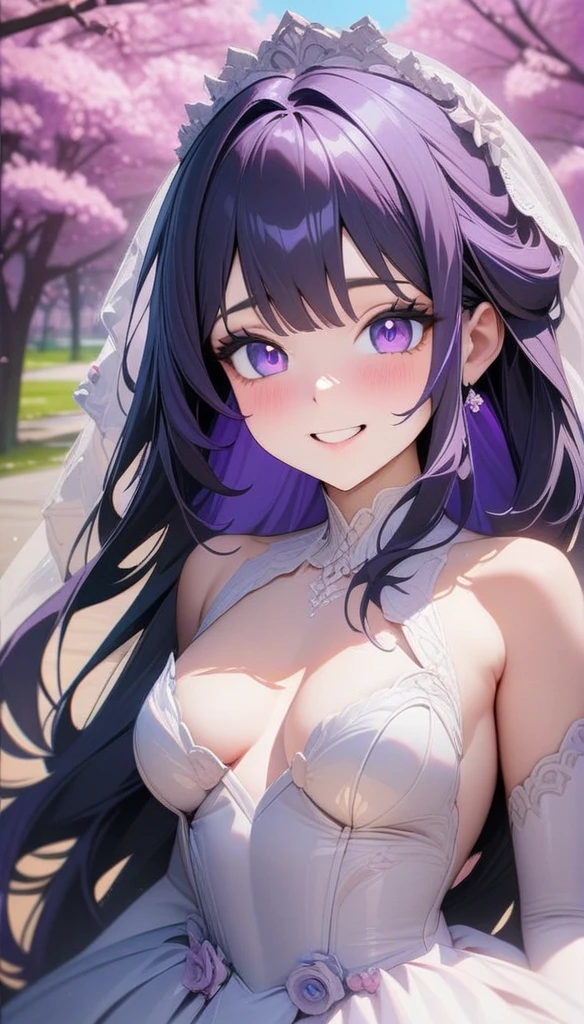 (Highest quality,4K,8K,High resolution,masterpiece:1.2),1 Girl,Purple Hair,Purple eyes, Fine grain ,General Raiden from Genshin Impact, Super detailed, Perfect Face, Great eyes, Hilarious, smile, Digital Art, Surrounded by cherry trees, Beautiful Wedding Dresses,